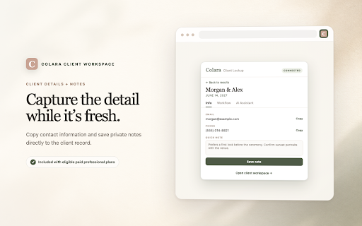 Colara Client Workspace :: Search clients, save notes, update workflows, and ask your workspace assistant from any Chrome tab.