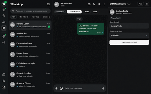 CRM Move Insights :: CRM Move Insights no WhatsApp Web: veja o lead, mude de etapa, marque qualificação, crie lembretes e dispare follow-up.