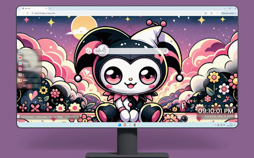 Kuromi Jester Live Wallpaper :: Kuromi in black and white jester outfit against dreamy sunset with pink clouds and flowers.