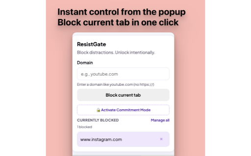 ResistGate — Website Blocker with Typing Challenge :: Distraction blocker that adds a typing challenge before sites like YouTube, Reddit & X. Friction, not a hard block.