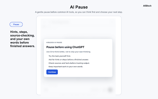 AIBlock: Hide AI Overviews & Pause AI :: Hide Google AI Overviews, clean up selected Workspace AI entry points, and pause before common AI tools. Free, local, no account.