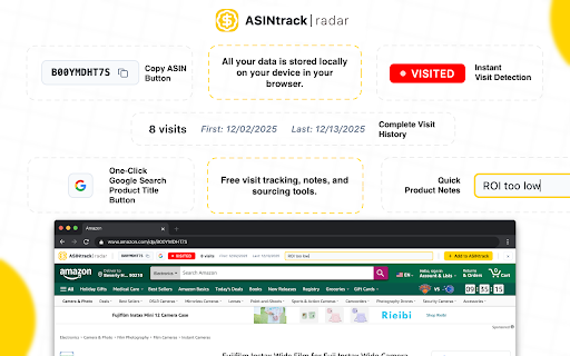 ASINtrack Radar - Amazon Product Visit History Tracker :: See instantly if you’ve visited an ASIN before and stop re-analyzing the same products. Track visits, add notes and source faster.