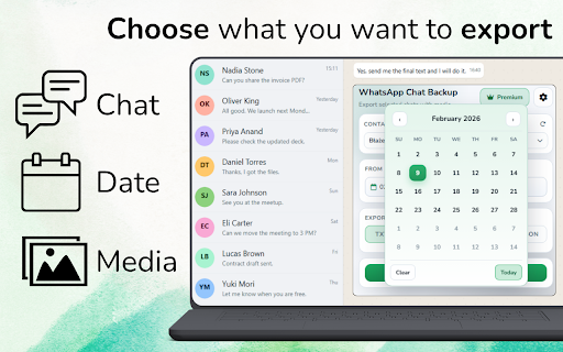 WhatsApp Web Chat Backup & Export - ChatVault :: Back up and export WhatsApp Web chats with media. Filter by date and download ZIP files in TXT, CSV, Excel, HTML or JSON.