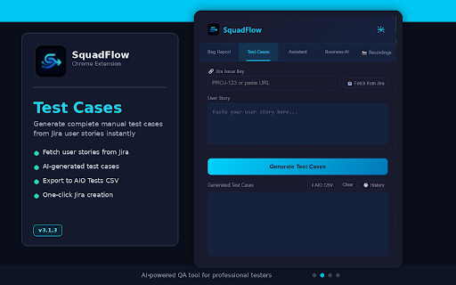SquadFlow :: SquadFlow — Manual QA Companion. AI-powered Test Cases, Bug Reports & Smart Suggestions with 8+ AI providers. Jira integrated.