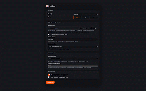 SNOW Screenshot Extension :: Capture the current page (or full page) and upload PNG screenshots to a Google Drive folder you choose.