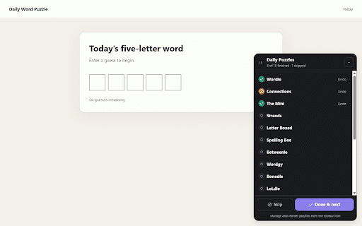 Daily Puzzle Launcher :: Move through your daily puzzles in one tab with a clean queue, skip controls, and custom playlists.