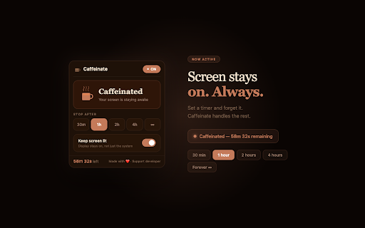 Caffeinate — Keep Screen Awake :: Keep your screen awake. Set a timer or run forever — one tap to start, one to stop.