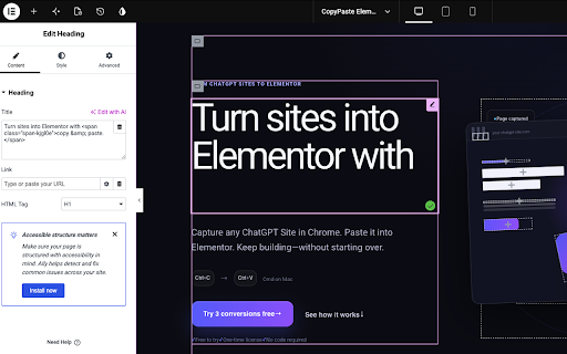 CopyPaste Elementor :: Chrome extension to help convert html web page to elementor widget
