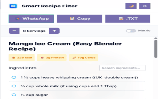 Smart Recipe Filter :: Instantly extract recipes into a premium interactive sidebar. Features Smart Timers, Focus Mode, and Calorie Counting.