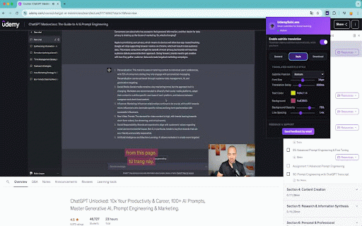 Subtitle Translator for Udemy :: Smart subtitles for faster learning on Udemy with translation, bilingual display, and audio playback.