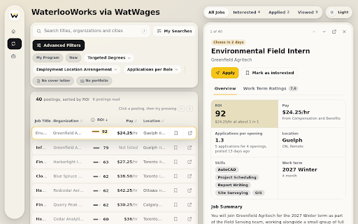 WatWages :: Puts the pay and applicants per opening for every WaterlooWorks posting on one sortable page. Not affiliated with UWaterloo.