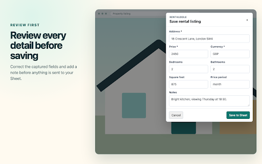 RentHuddle – Shared Rental Shortlist :: Save, compare and share rental listings from Rightmove, Zoopla and Zillow in one Google Sheet.