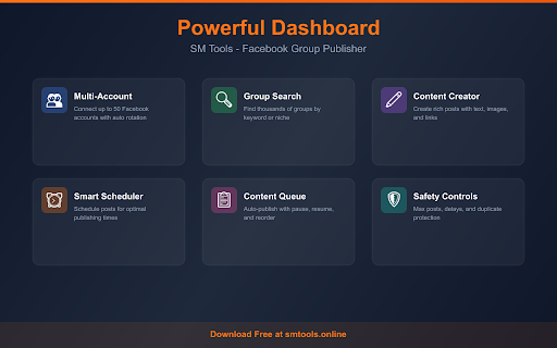 SM Tools - Facebook Group Publisher :: Schedule posts, manage accounts, publish to Facebook groups & run comment campaigns. No password storage.