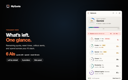 MyQuota :: Track AI token usage, quota & spend across Claude, ChatGPT, Gemini & more. Free, private, no account.