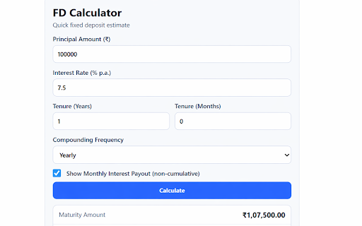 FD Calculator :: Calculate fixed deposit maturity amount, interest earned, and payout estimates.