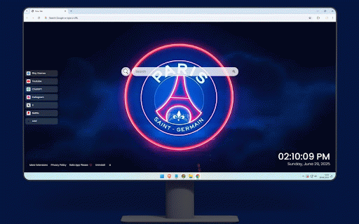 Paris Saint Germain Live Wallpaper :: Glowing PSG logo with neon pink ring against dramatic blue cloudy night sky background.