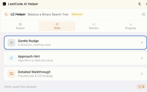LeetCode AI Coach :: AI-powered LeetCode assistant: code assessment, progressive hints, optimal solutions, and personalized study recommendations.