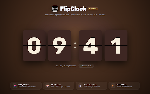 FlipClock :: Minimalist split-flap flip clock, Pomodoro focus timer, and world clock in every new tab