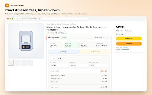 Arbitrage Stalker :: One-click AI buy verdicts on any Amazon product page, profit calc + SatScore saturation analysis, and stalk any storefront.