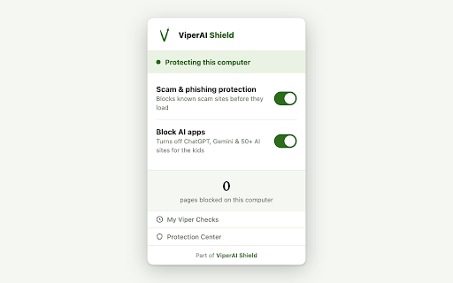 ViperAI Shield — Browser Guard :: Blocks scam and phishing sites before they load — and can turn off AI apps for the kids. From ViperAI Shield.