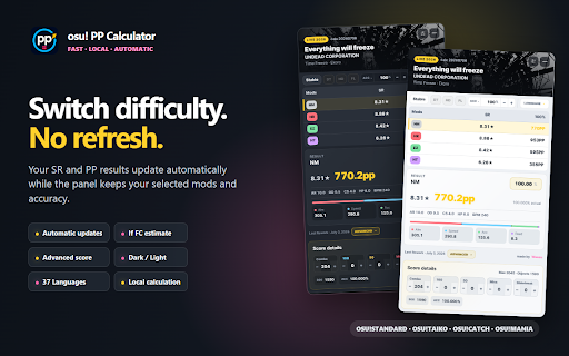 osu! PP Calculator — 2026 Rework :: Calculates local mod and accuracy PP tables for osu!standard, osu!taiko, osu!catch, and osu!mania using the July 3, 2026 PP system.