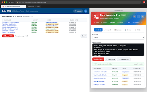 SCube Zoho Inspector Pro :: The developer toolkit for Zoho CRM. Inspect fields, run COQL queries, browse schema, and manage records — all without leaving Zoho.