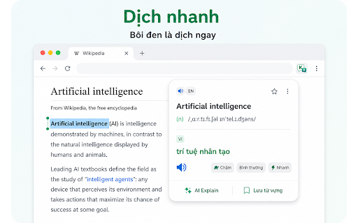 KCT Translate :: Dịch nhanh văn bản được chọn, phát âm, lưu từ vựng, lịch sử tra cứu và AI Explain cho người Việt học ngoại ngữ.