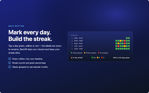 Year Progress :: Quarter, half-year and year progress with goals, a color day checklist, notes and a life-in-weeks view — plus a live toolbar badge.
