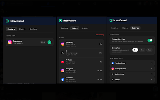 IntentGuard :: Intercepts social media visits and prompts you to define your intention before proceeding.