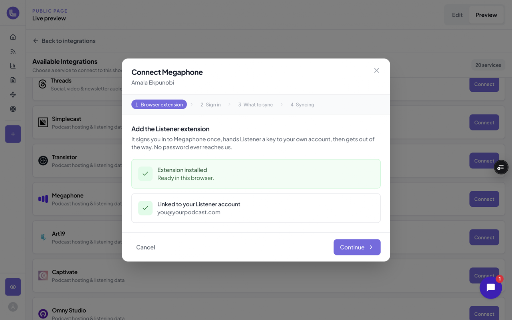 Listener Sync :: Connects your podcast hosting accounts to Listener once, so Listener can keep your analytics up to date on its own.