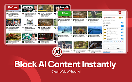 AI Content Shield - AI Detector & Content Blocker :: AI Detector & AI Content Blocker - AI Content Shield: Block AI videos, posts, articles on YouTube, Social Media, Google, and Web.