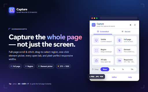 Capture Free Screen Recorder & Screenshot (4K, No Watermark) :: Record your screen in 4K and capture full-page screenshots — free, no watermark, no sign-up. Tab, desktop & webcam recording.