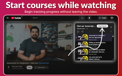 TrackMyCourse: YouTube Playlist Progress Tracker :: Turn YouTube playlists into courses. Track with checkmarks, progress bar, total and watched duration, and completion percentage.