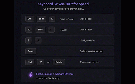 Tabix :: Fast, lightweight, keyboard-driven extension to manage tabs with bulk actions, search, bookmarking, and session persistence.