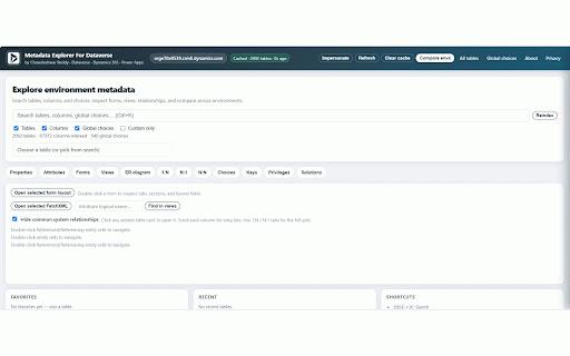 Metadata Explorer For Dataverse :: Browse Dataverse, Dynamics 365 & Power Apps metadata: tables, columns, choices, forms, views, relationships & form helpers.