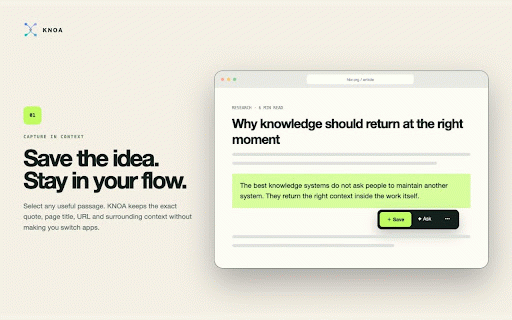 KNOA — AI Web Highlighter :: Highlight useful text on any webpage, save it with source context, ask AI questions, and turn it into searchable knowledge.