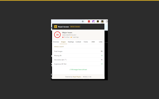 Royal Access Accessibility Checker :: Instant WCAG accessibility audit. Alt text, contrast, headings, ARIA, keyboard navigation, and more. Free, no account needed.