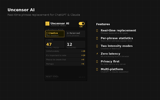 Uncensor AI — Creative Mode :: Removes fear-driven phrases from ChatGPT, Claude, Gemini, Copilot & more. Unleash AI's full creative potential.