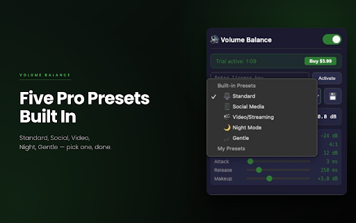 Volume Balance :: Automatically levels out loud and quiet audio passages on every website. Set & forget.