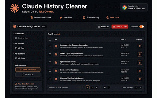 Claude History Cleaner — Bulk Delete Chats :: Bulk delete Claude.ai history in seconds. Select all, filter by date, search by keyword, clear Claude conversations with one click.