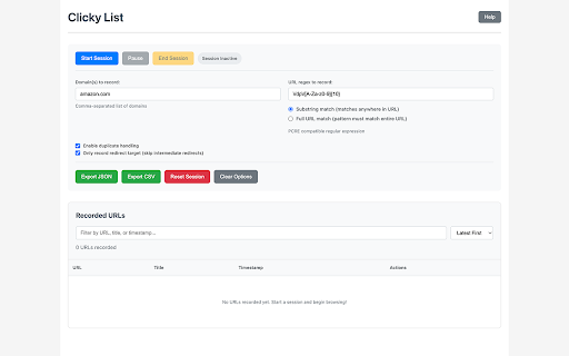 Clicky List :: Keep a concise list of URLs browsed in a session for export and analysis