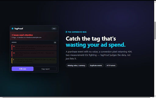 TagProof — Analytics & Pixel QA Inspector :: See every analytics & ad tag that fires on a page. Catch duplicate, broken & missing conversion events — 100% local.