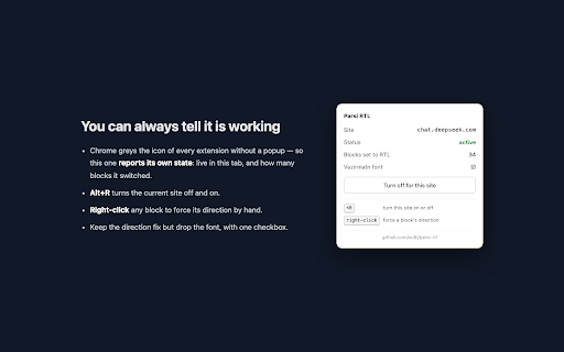 Parsi RTL :: Correct text direction and Persian font for RTL languages on any site — script-ratio detection, not first-strong guessing.