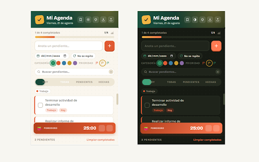 Mi Agenda — Pendientes y Pomodoro :: Agenda de pendientes con categorías, prioridades, subtareas, pomodoro, racha, notificaciones y modo oscuro. Todo en tu navegador.