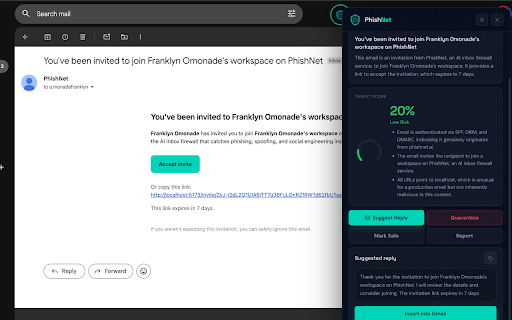 PhishNet :: AI-powered phishing protection and smart inbox assistant for Gmail. Scans for threats, summarizes emails, and suggests replies.
