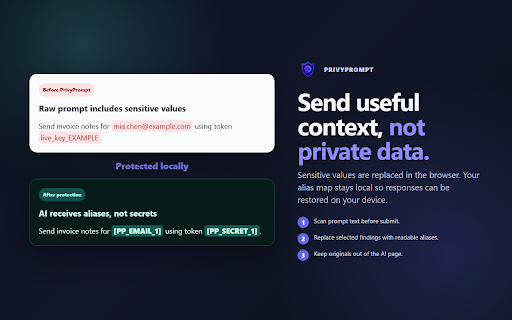 PrivyPrompt - AI Prompt Privacy Guard :: Stop API keys, passwords, and sensitive data from being sent to AI tools. Local scanning, no account, no telemetry.