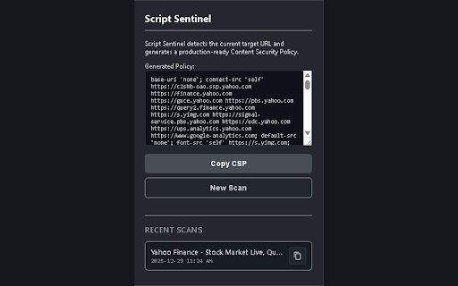 Script Sentinel - CSP Generator :: Generate Content Security Policy recommendations for the current tab with Script Sentinel.