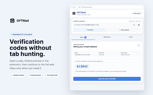 GPTMail - Temporary Email :: Create GPTMail temporary addresses, monitor inboxes, and fill email fields on demand.