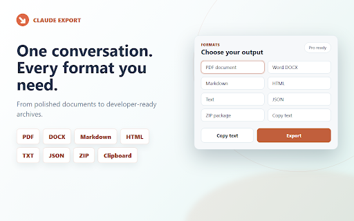 Claude Export to PDF, DOCX & Markdown :: Save Claude conversations as polished files or copy them to your clipboard. Exports are created locally in your browser.
